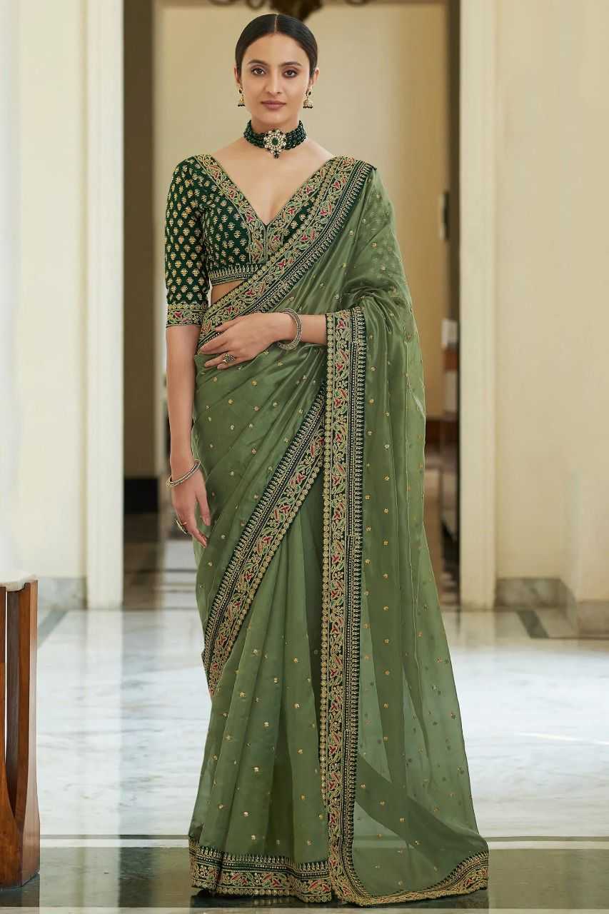 Designer Embroidered Royal Organza Saree with Sequins Butti & Lace Border – Premium Look with Unstitched Blouse - House of ViDi