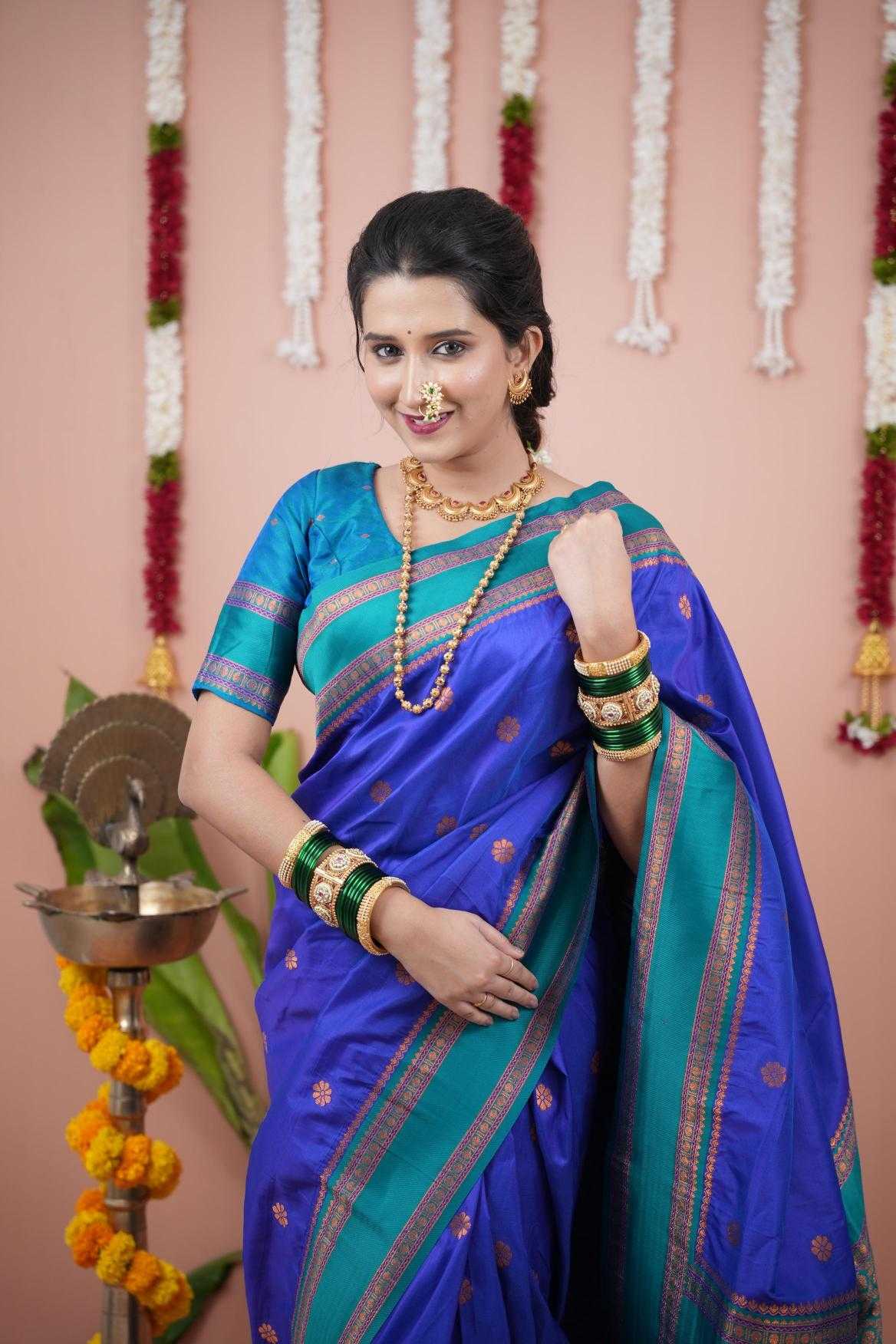 Narayanpet Soft Silk Saree with Zari Motifs & Contrast Pallu – Narayan Border & Contrast Blouse [Violet] - House of ViDi