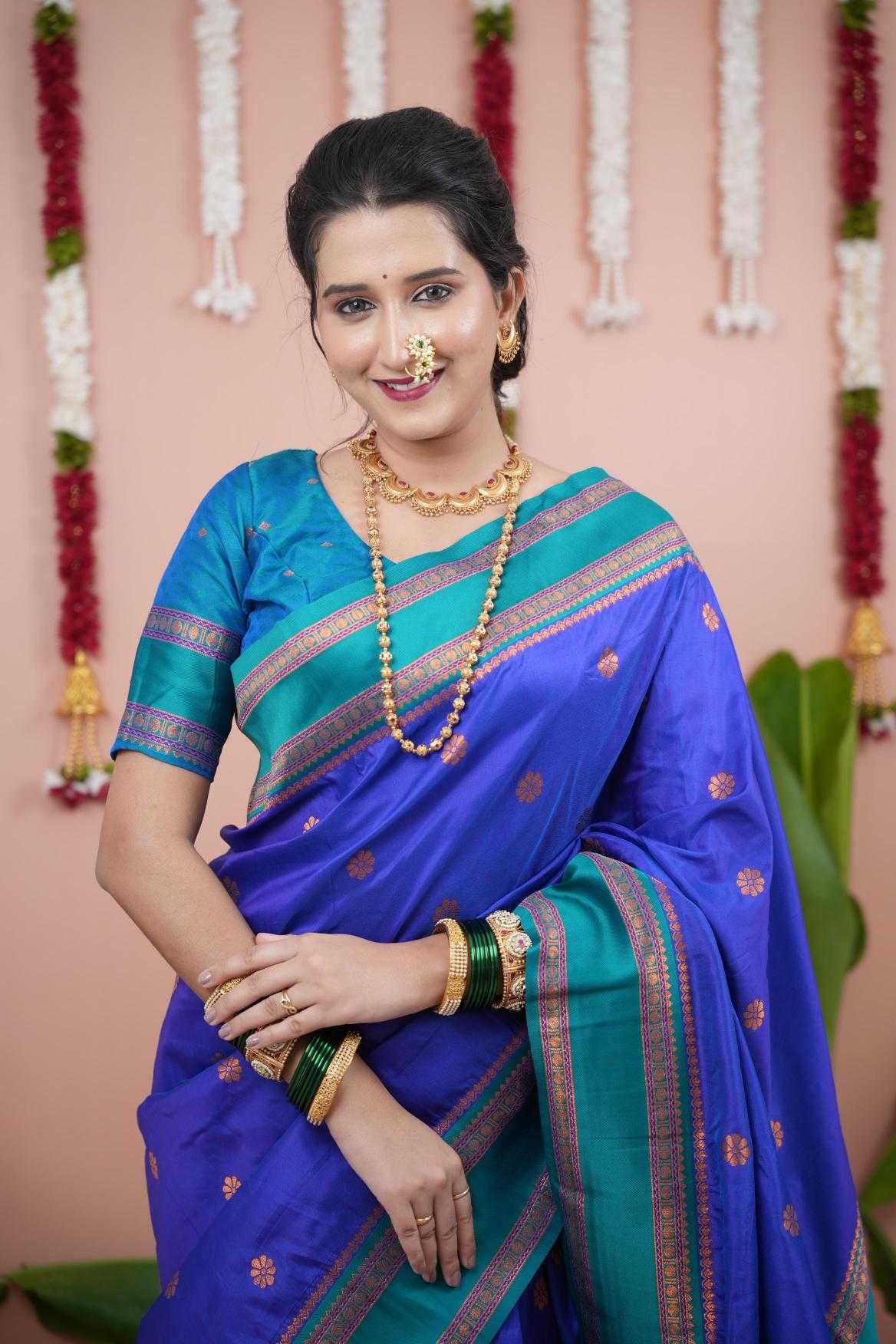 Narayanpet Soft Silk Saree with Zari Motifs & Contrast Pallu – Narayan Border & Contrast Blouse [Violet] - House of ViDi