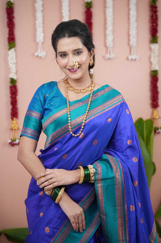 Narayanpet Soft Silk Saree with Zari Motifs & Contrast Pallu – Narayan Border & Contrast Blouse [Violet] - House of ViDi