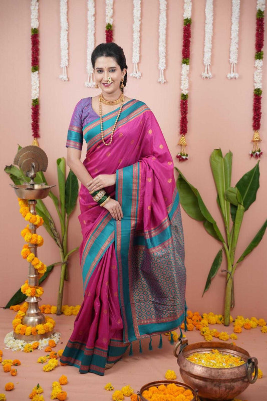 Narayanpet Soft Silk Saree with Zari Motifs & Contrast Pallu – Narayan Border & Contrast Blouse [Rani] - House of ViDi
