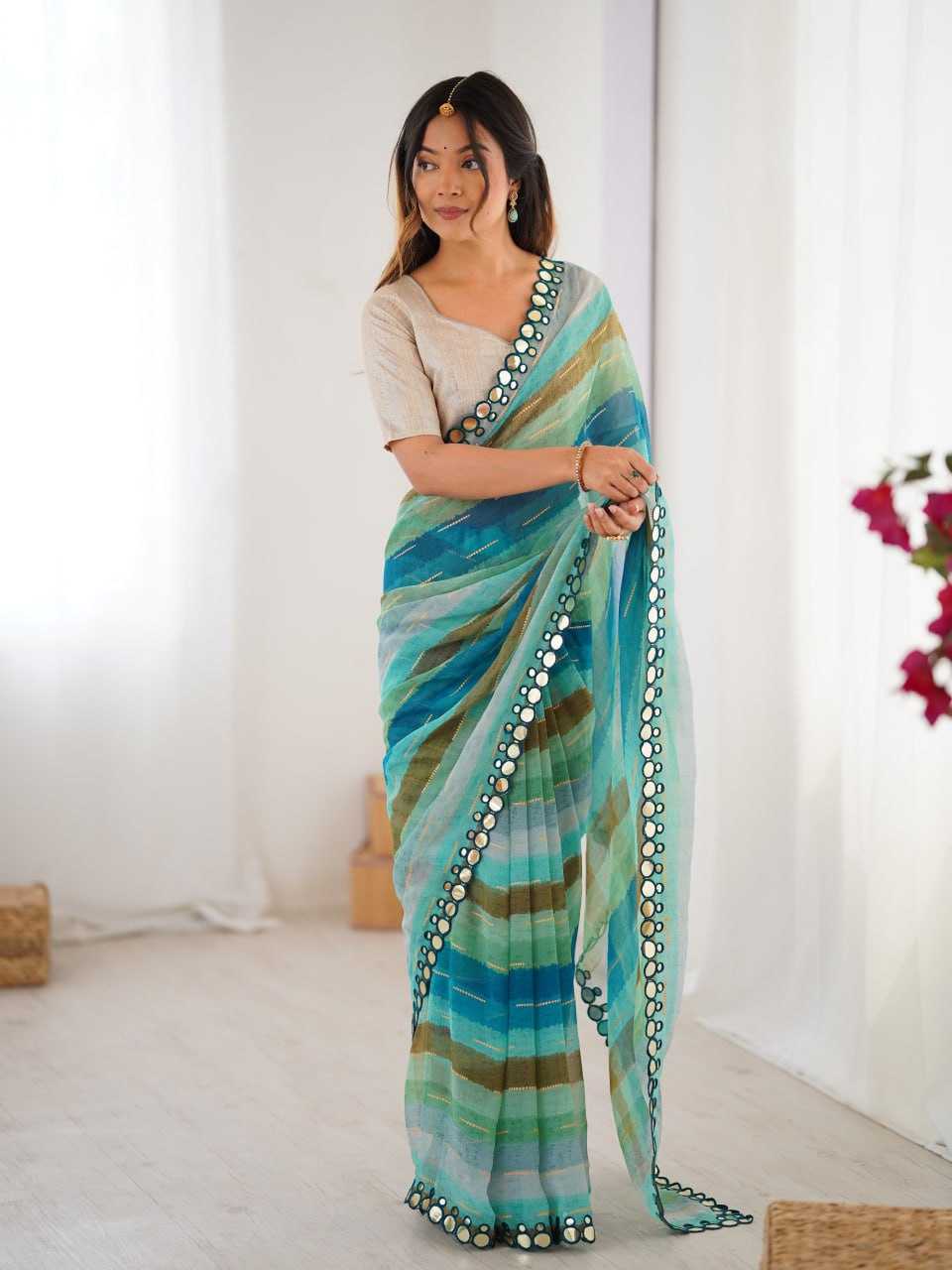 Sky Blue Heavy Marble Chiffon Lehriya Print Saree with Zari & Mirror Border – Elegant Festive & Party Wear Saree