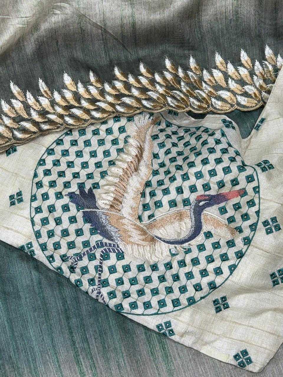 Gray Flamingo Embroidered Tussar Silk Designer Saree with Digital Print & Thread Work Blouse | House of ViDi