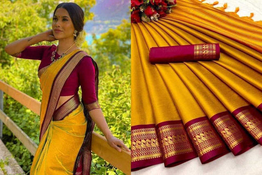 Pure Mercerised Cotton Silk Saree with Zari Border & Contrast Pallu – Ethereal Elegance with Unstitched Blouse [Lemon Yellow] - House of ViDi