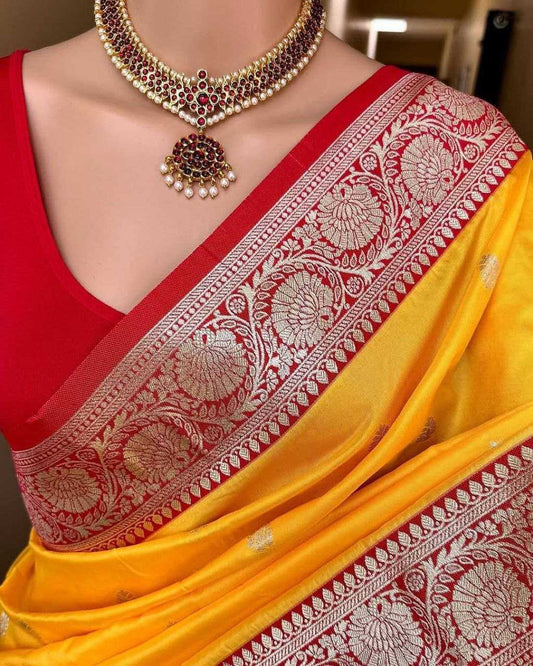 Yellow Pure Soft Banarasi Silk Saree with Mina Work, Butti Weaving & Rich Contrast Border | Designer Party Wear Saree
