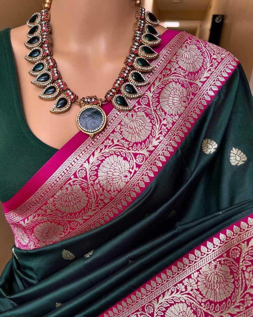 Green Pure Soft Banarasi Silk Saree with Mina Work, Butti Weaving & Rich Contrast Border | Designer Party Wear Saree - House of ViDi