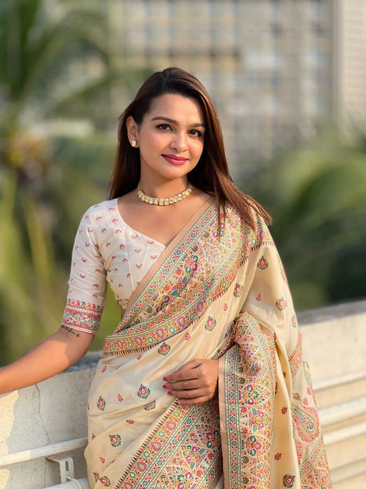 Luxury Pashmina Silk Saree with Golden Zari Work - Traditional Indian Wedding Saree with Unstitched Blouse Piece [White] - House of ViDi