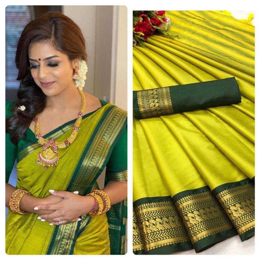 Pure Mercerised Cotton Silk Saree with Zari Border & Contrast Pallu – Ethereal Elegance with Unstitched Blouse [Fern Green] - House of ViDi
