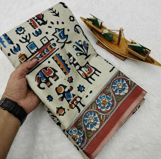 Off White Warli x Kalamkari Edition Soft Silk Saree with Designer Pallu & Zari Border – Premium Soft Silk Saree