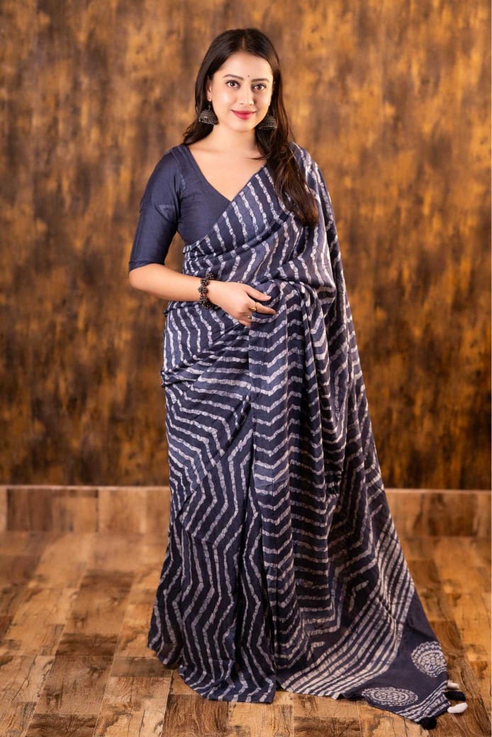 Navy Blue Chanderi Cotton Bagru Batik Printed Saree with Zig Zag Motifs & Tassel Pallu | House of ViDi
