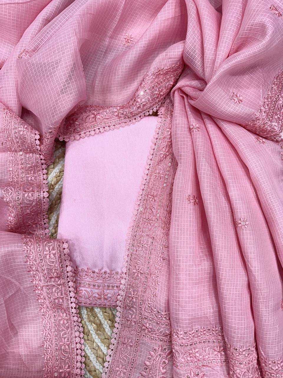 Soft Pink Kota Chex Designer Saree with Sequins & Thread Embroidery | Party Wear Saree | House of ViDi