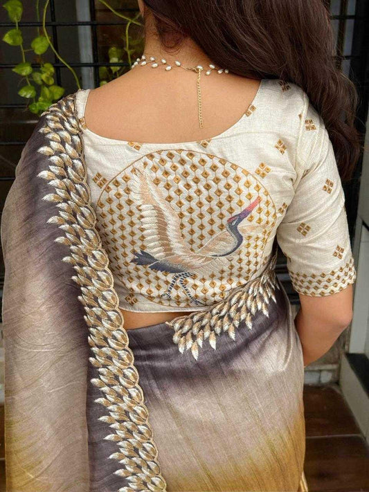 Gold Flamingo Embroidered Tussar Silk Designer Saree with Digital Print & Thread Work Blouse | House of ViDi - House of ViDi