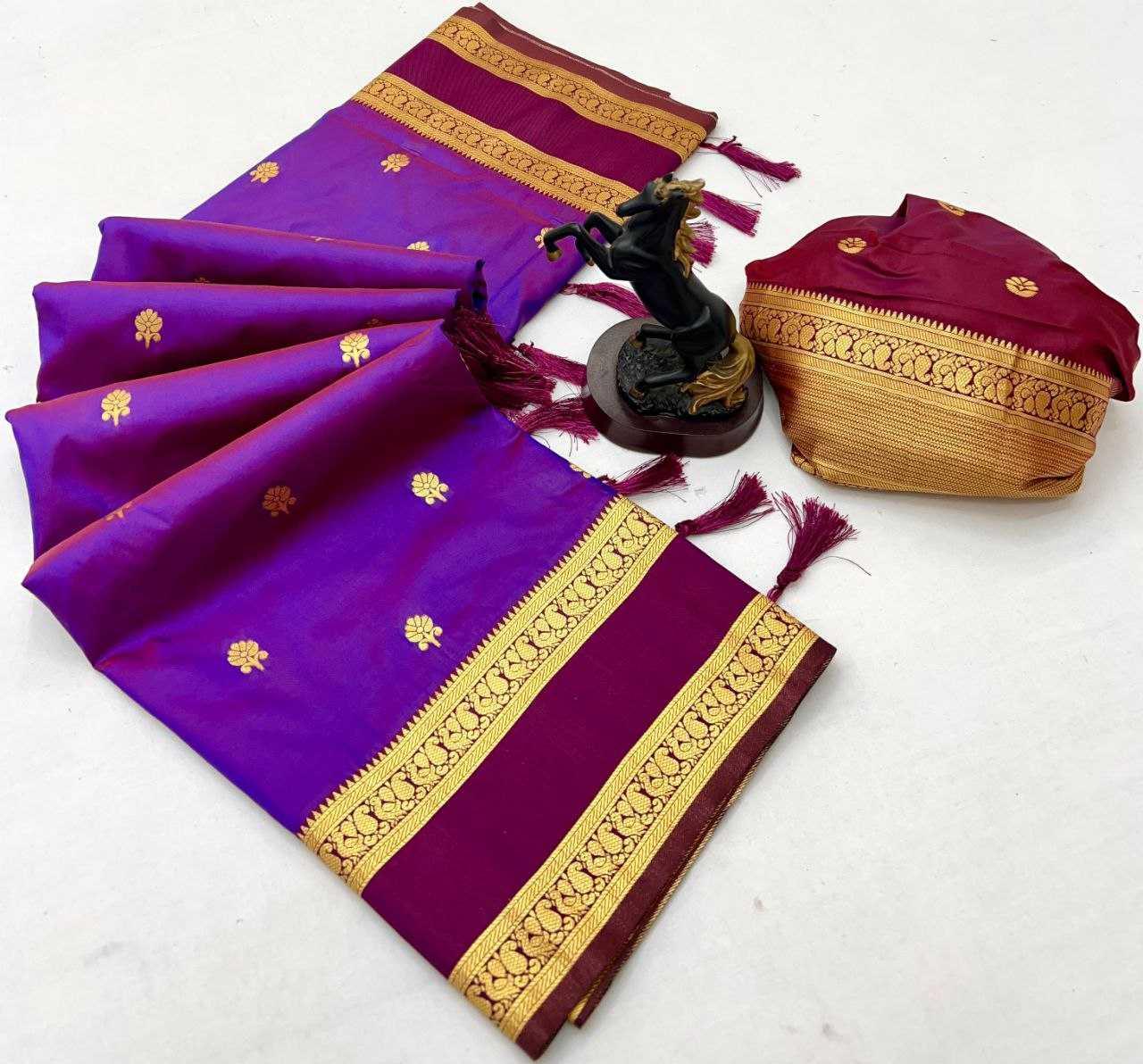 Purple Premium Soft Silk Kanjeevaram Saree with Dual Zari Butta, Rich Woven Pallu & Designer Silk Blouse - House of ViDi
