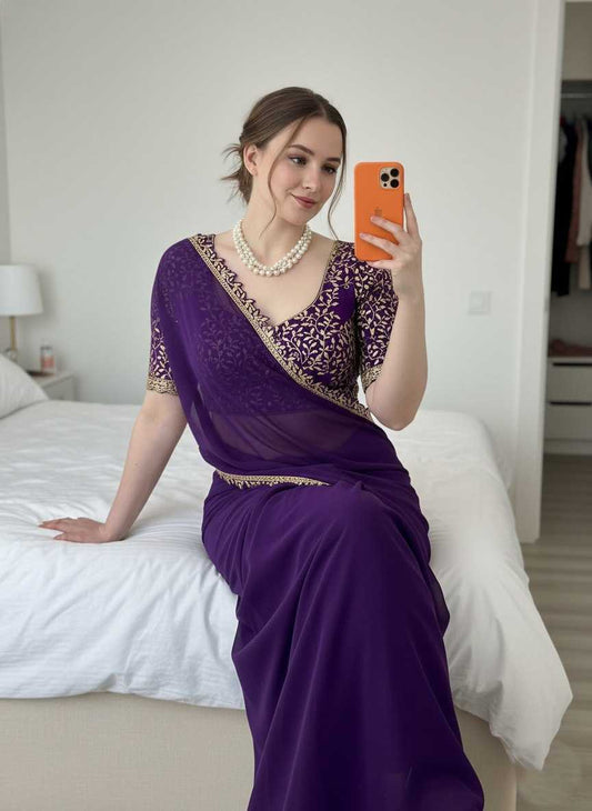 Soft Rangoli Silk Saree with Embroidered Cutwork Border & Heavy Embroidery Blouse | Designer Party Wear Saree [Royal Purple] - House of ViDi