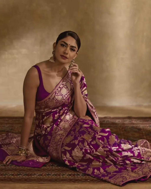 Mrunal Thakur Style Regal Purple Banarasi Silk Saree with Golden Zari Floral Weaves – Celebrity Wedding Wear - House of ViDi