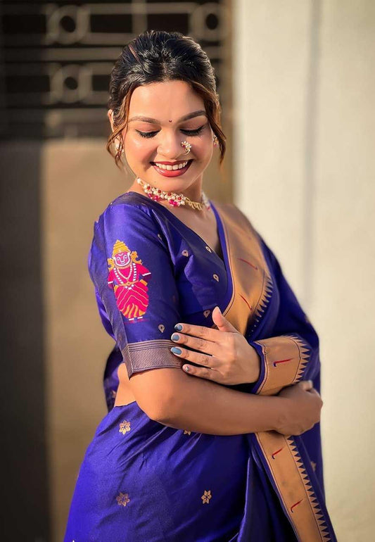 Vitthala Paithani Silk Saree with Muniya Border & Brocade Blouse – Traditional Wedding & Festive Wear [Purple] - House of ViDi