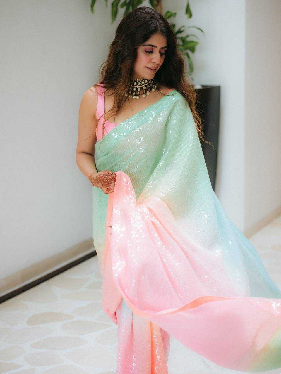 Pastel Mint Green Digital Printed Georgette Sequin Work Saree with Satin Silk Blouse