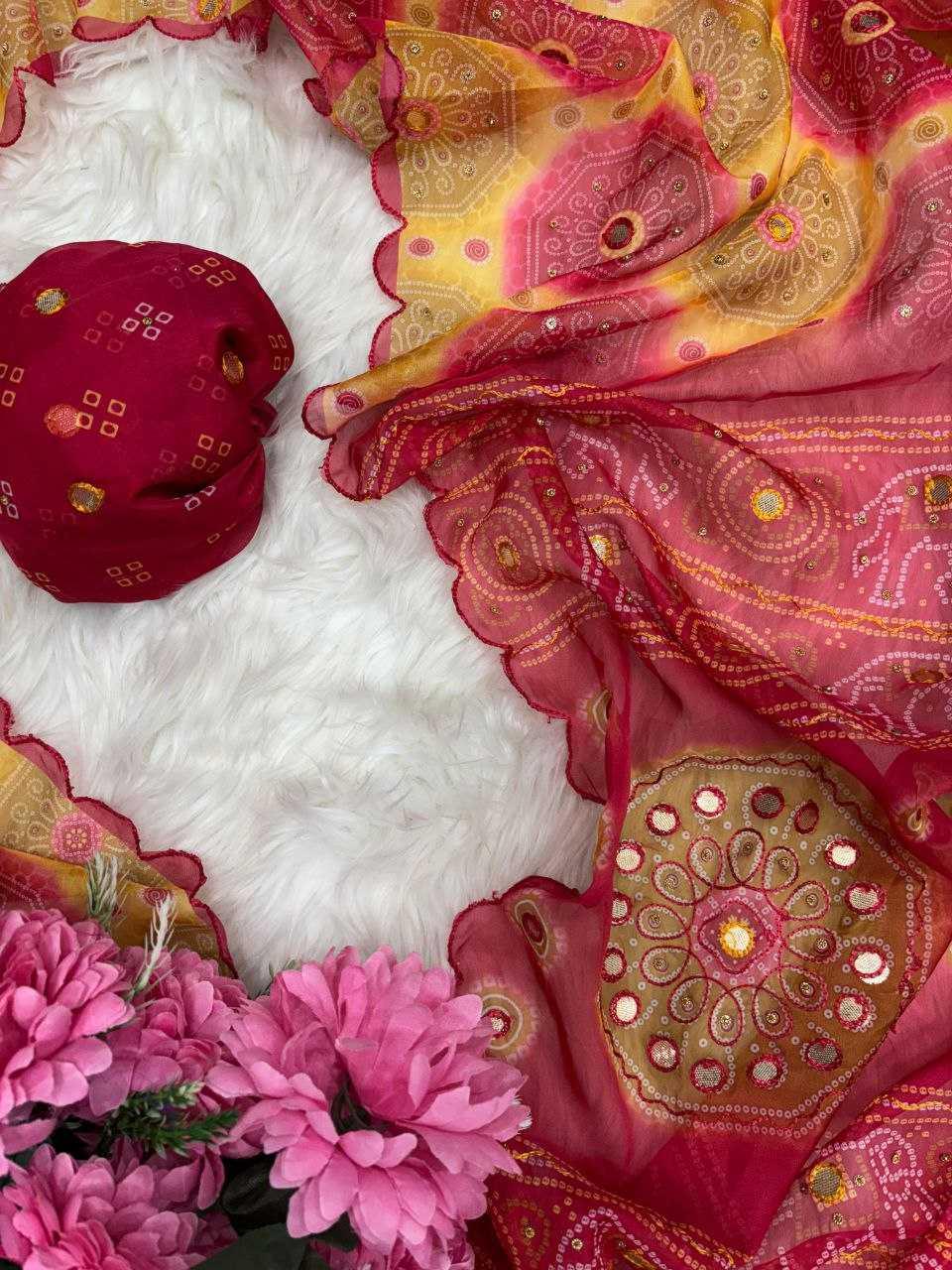 Designer Tabby Silk Digital Print Saree with Gota Handwork & Cutwork Border - House of ViDi