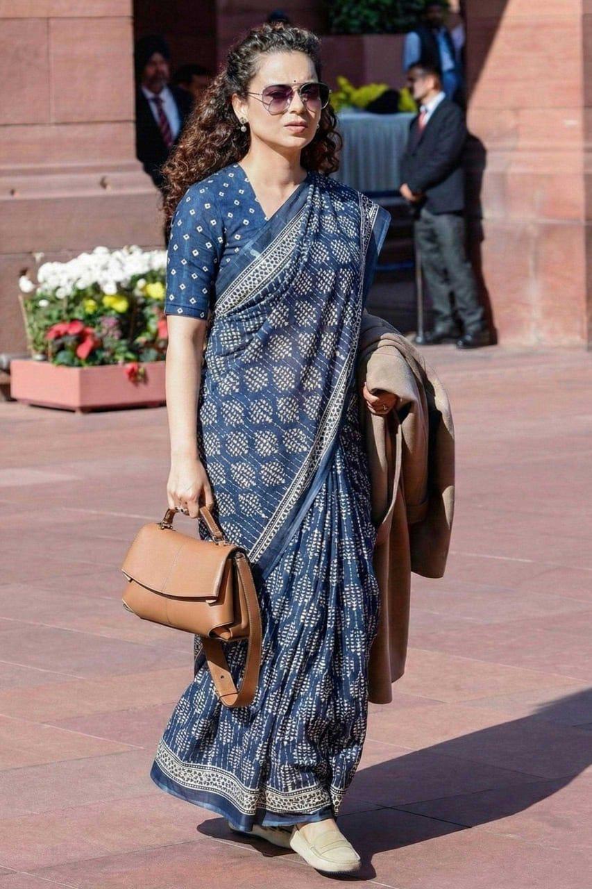 Blue Stone Kangana Ranaut Inspired Pure Cotton Hand Block Print Bagru Saree with Blouse - House of ViDi