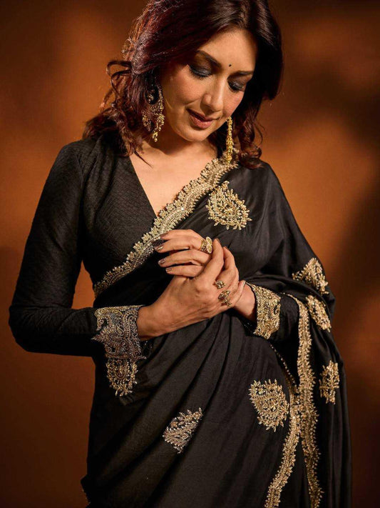 Sonali Bendre Inspired Black Rangoli Crush Silk Saree - House of ViDi