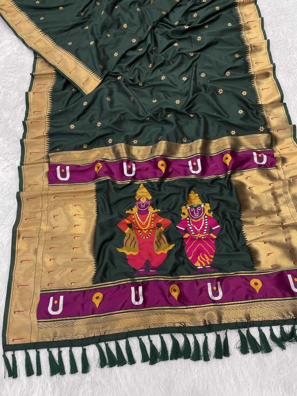 Vitthala Paithani Silk Saree with Muniya Border & Brocade Blouse – Traditional Wedding & Festive Wear [Bottle Green] - House of ViDi