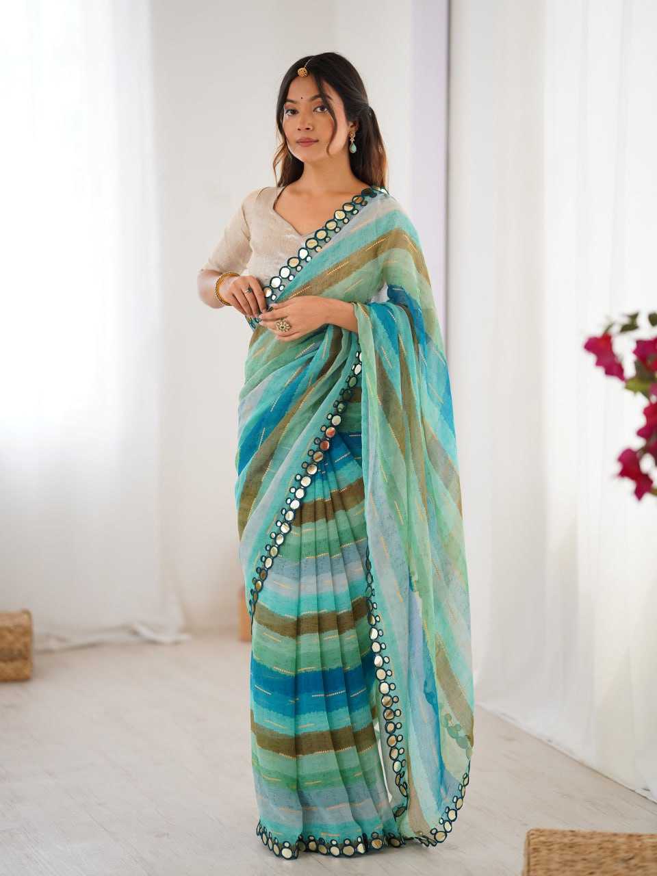 Sky Blue Heavy Marble Chiffon Lehriya Print Saree with Zari & Mirror Border – Elegant Festive & Party Wear Saree