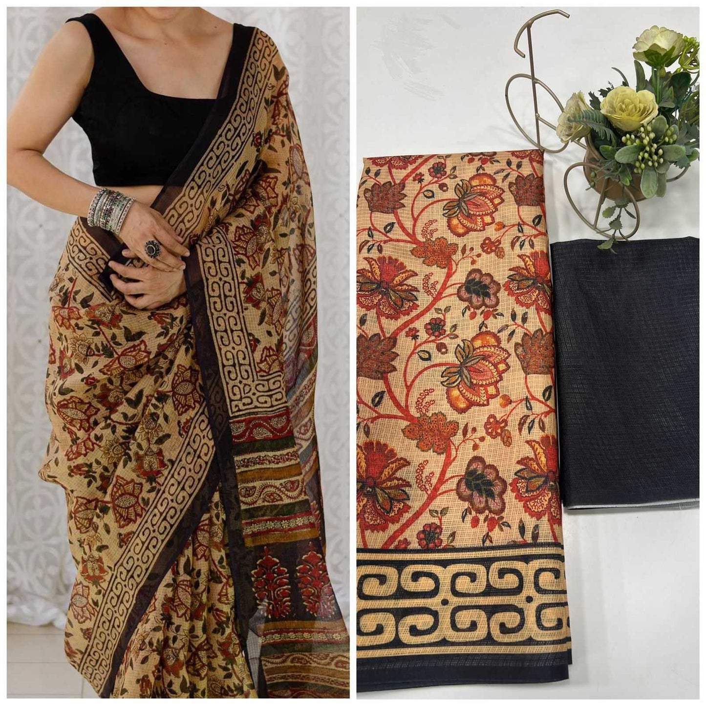 Brown Rust Soft Kota Cotton Printed Saree with Contrast Blouse - House of ViDi
