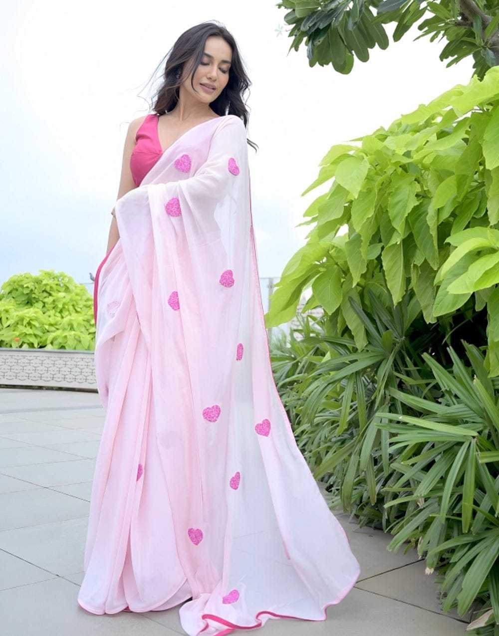 Pink Embroidered Georgette Ready-to-Wear Saree with Matching Blouse | Party Wear Saree