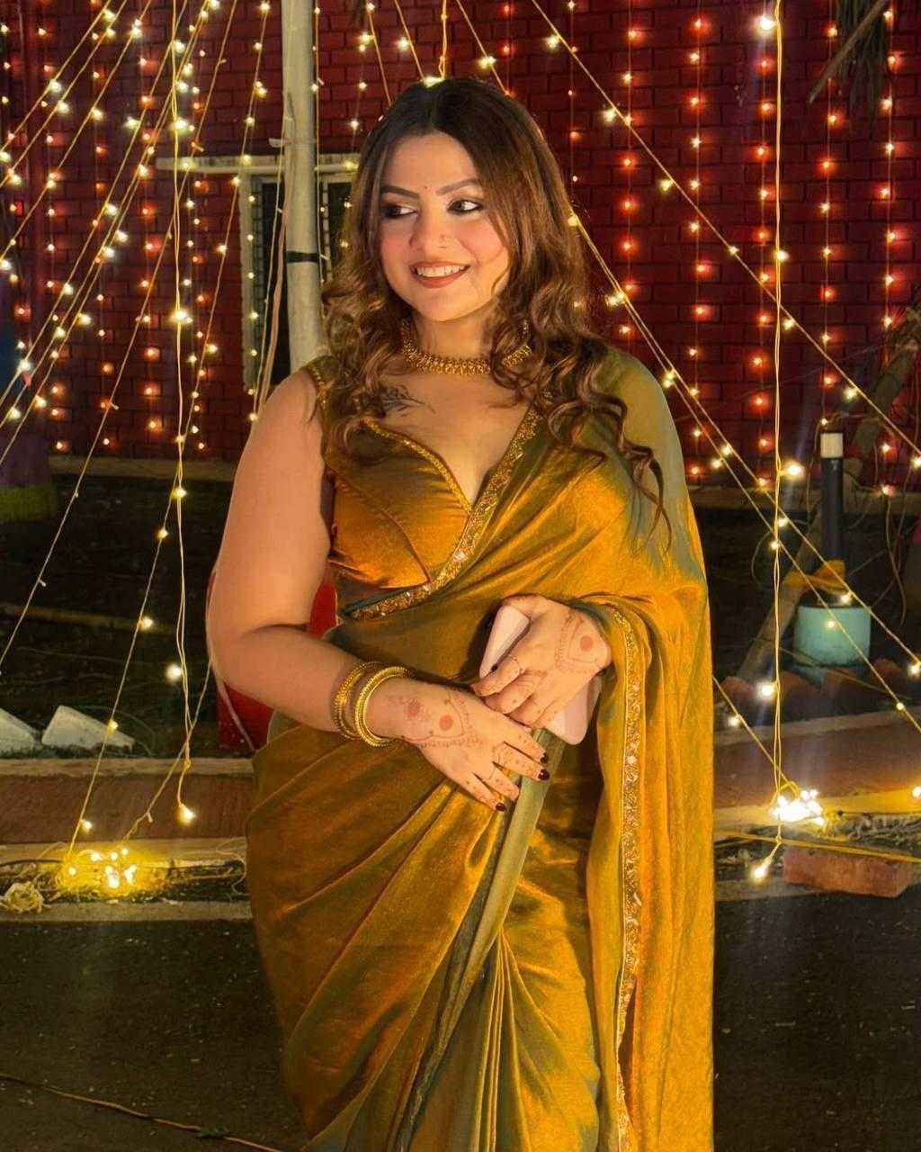 Golden Fendy Satin Handwork Lace Party Wear Saree