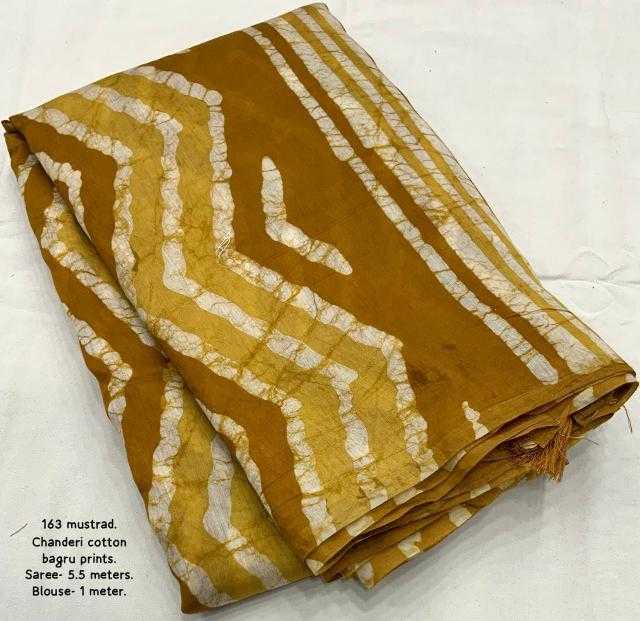 Mustard Chanderi Cotton Bagru Batik Printed Saree with Zig Zag Motifs & Tassel Pallu | House of ViDi