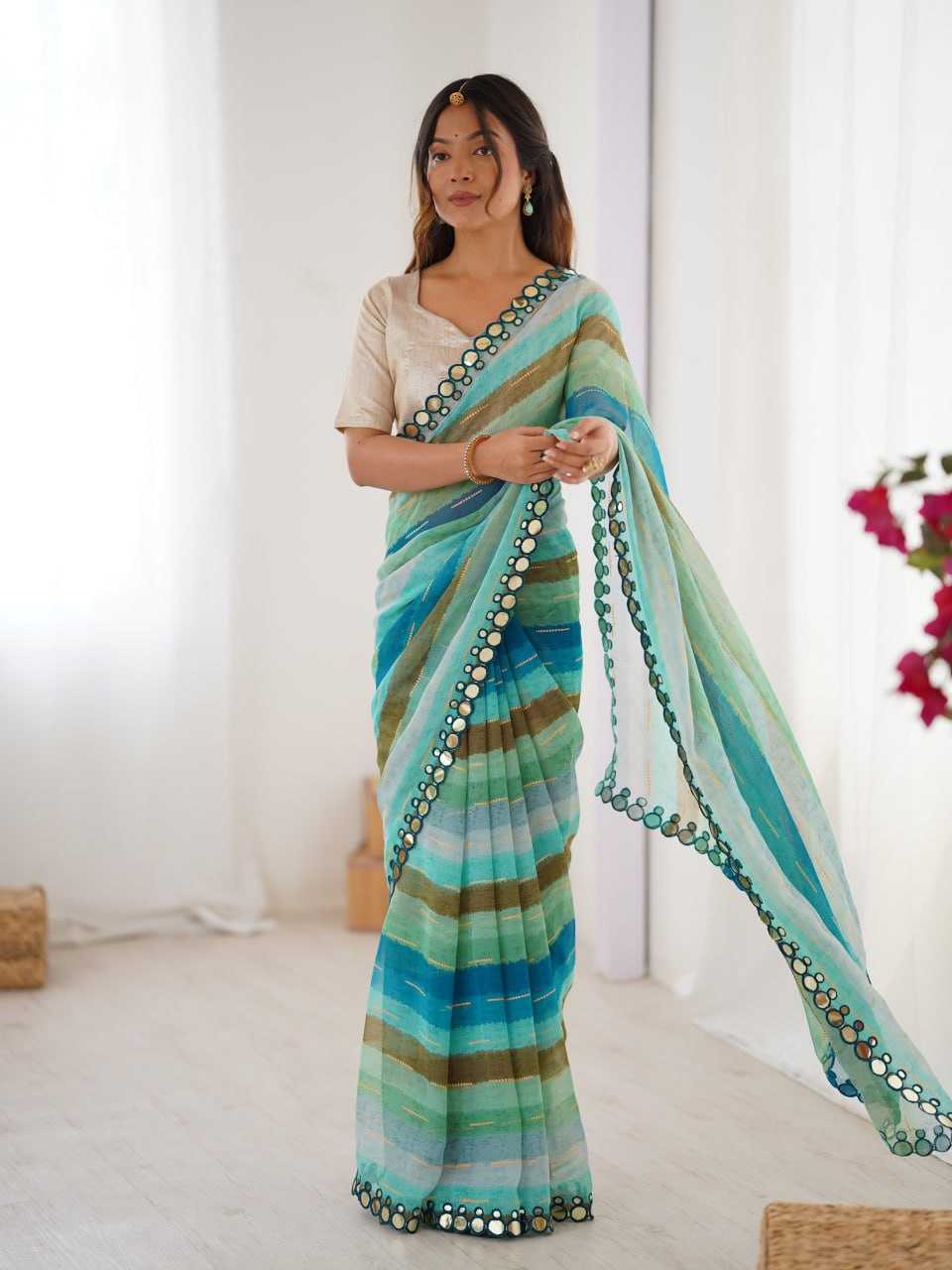 Sky Blue Heavy Marble Chiffon Lehriya Print Saree with Zari & Mirror Border – Elegant Festive & Party Wear Saree