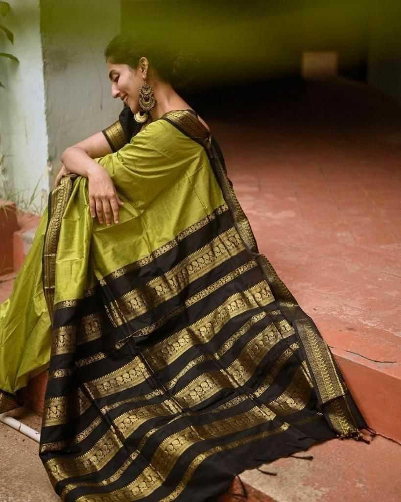 Mehndi Soft Lichi Silk Saree with Rich Pallu & All-Over Jacquard Weaving | Designer Traditional Silk Saree - House of ViDi
