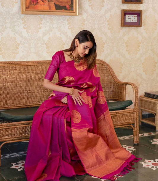 Mesmerizing Dark Pink Banarasi Soft Silk Saree with Matching Jacquard Blouse – Wedding & Festive Wear - House of ViDi