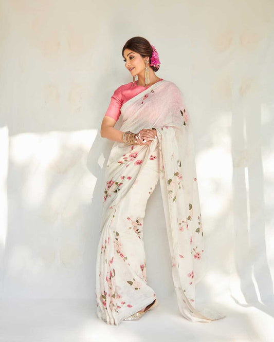 Soft Linen Cotton Floral Print Saree | Shilpa Shetty Inspired Elegant Summer Drape - House of ViDi