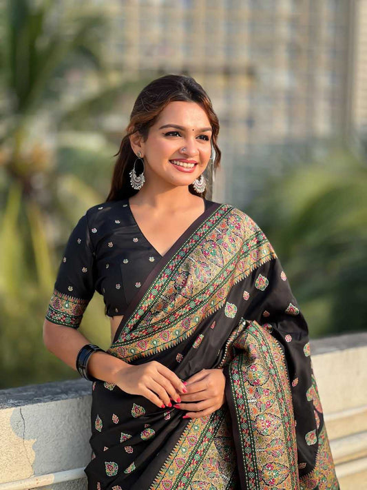 Luxury Pashmina Silk Saree with Golden Zari Work - Traditional Indian Wedding Saree with Unstitched Blouse Piece [Black] - House of ViDi