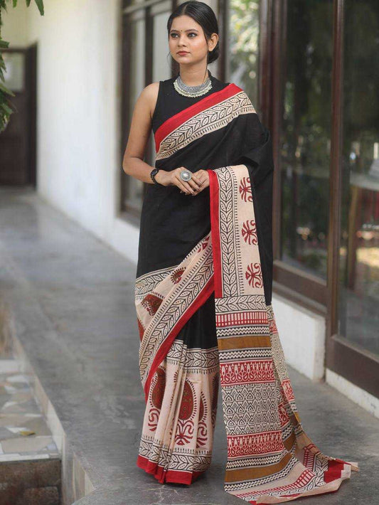 Soft Cotton Ajrakh Block Print Saree – Pure Handloom Style with Unstitched Blouse - House of ViDi