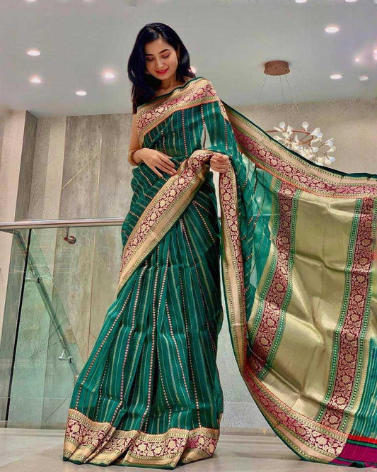 Soft Lichi Silk Saree with Rich Jacquard Weaving & Contrast Pallu – Festive & Party Wear Elegance [Bottle Green] - House of ViDi