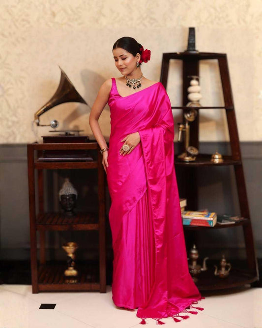 Pink Premium Party Wear Crepe Silk Saree with Matching Blouse - House of ViDi