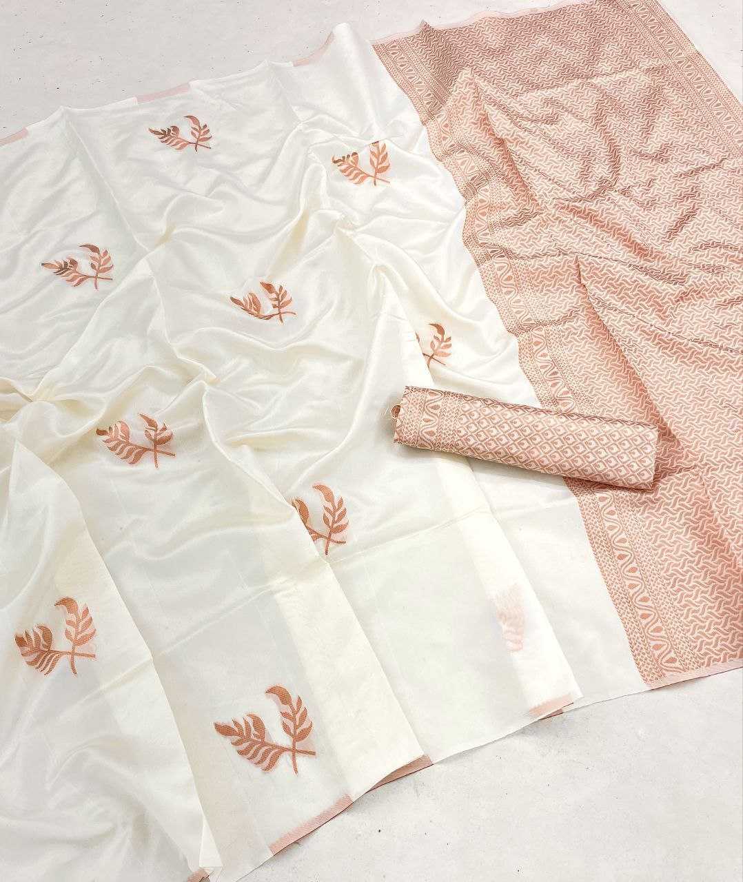 Banarasi Soft Lichi Silk Saree with Rich Pallu & All-Over Jacquard Work | Designer Brocade Blouse [Pearl White]