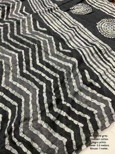 Grey Chanderi Cotton Bagru Batik Printed Saree with Zig Zag Motifs & Tassel Pallu | House of ViDi