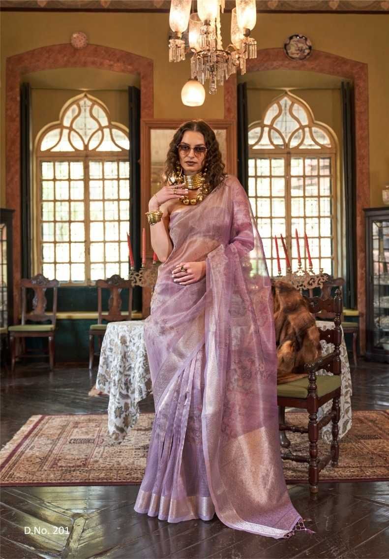 Purple Banarasi Weave Organza Saree with Digital Print – Designer Fancy Silk Saree for Weddings & Parties