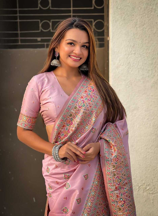 Luxury Pashmina Silk Saree with Golden Zari Work - Traditional Indian Wedding Saree with Unstitched Blouse Piece [Light Pink] - House of ViDi