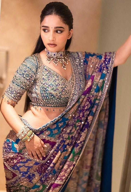 Designer Chinon Silk Mirror Work Saree | Navratri Special Printed Silk Saree with Digital Print & Blouse - House of ViDi