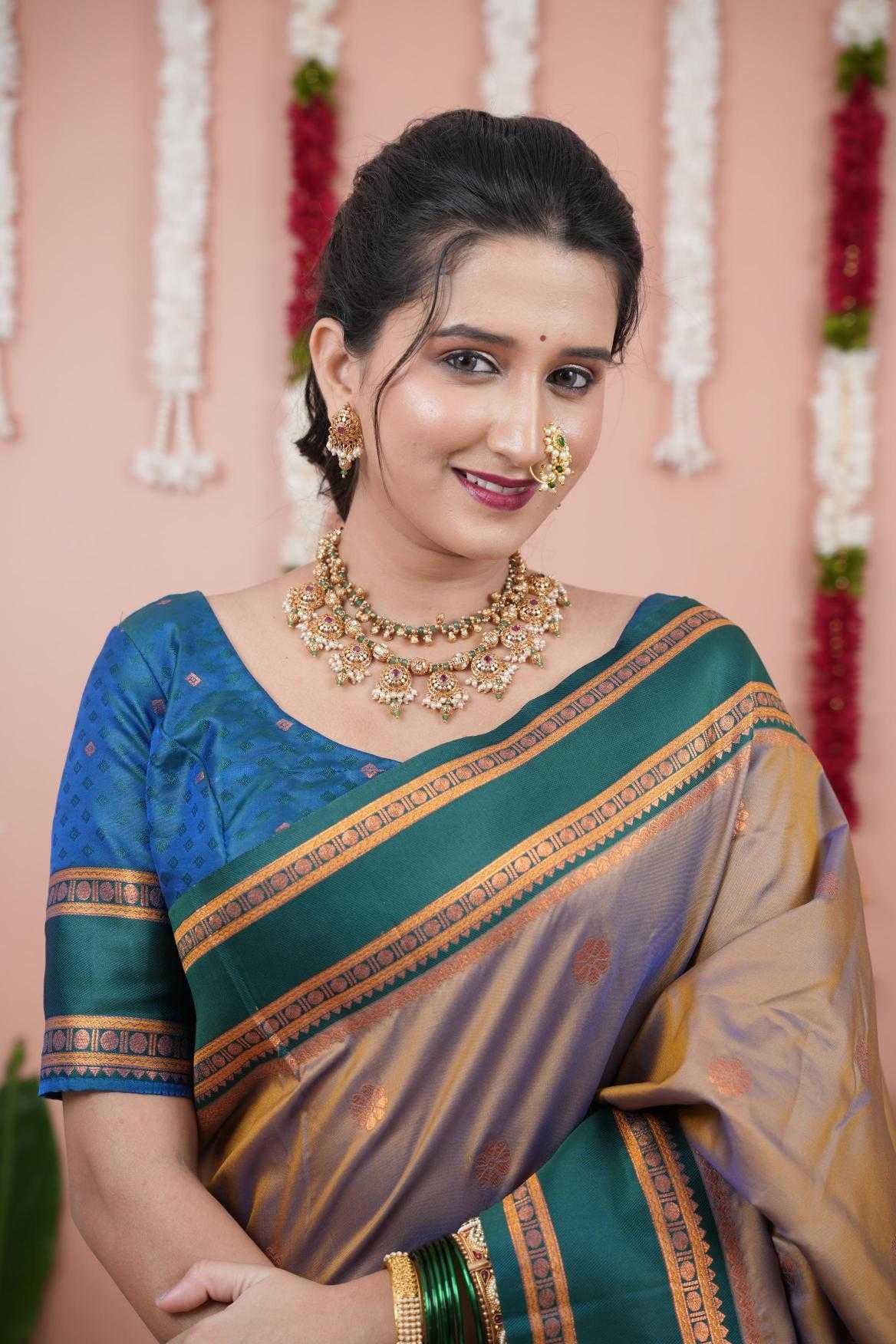 Narayanpet Soft Silk Saree with Zari Motifs & Contrast Pallu – Narayan Border & Contrast Blouse [Brown] - House of ViDi