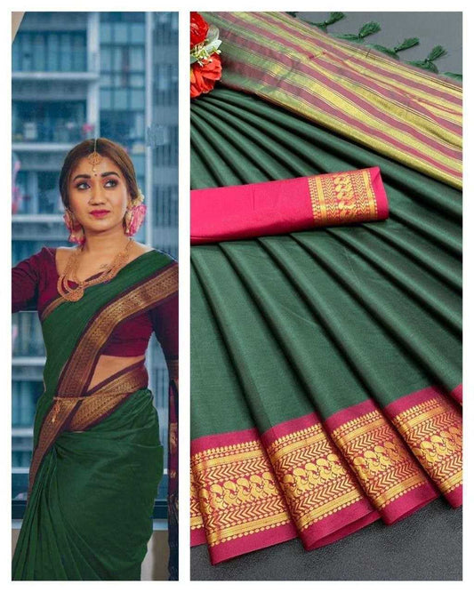Pure Mercerised Cotton Silk Saree with Zari Border & Contrast Pallu – Ethereal Elegance with Unstitched Blouse [Green] - House of ViDi