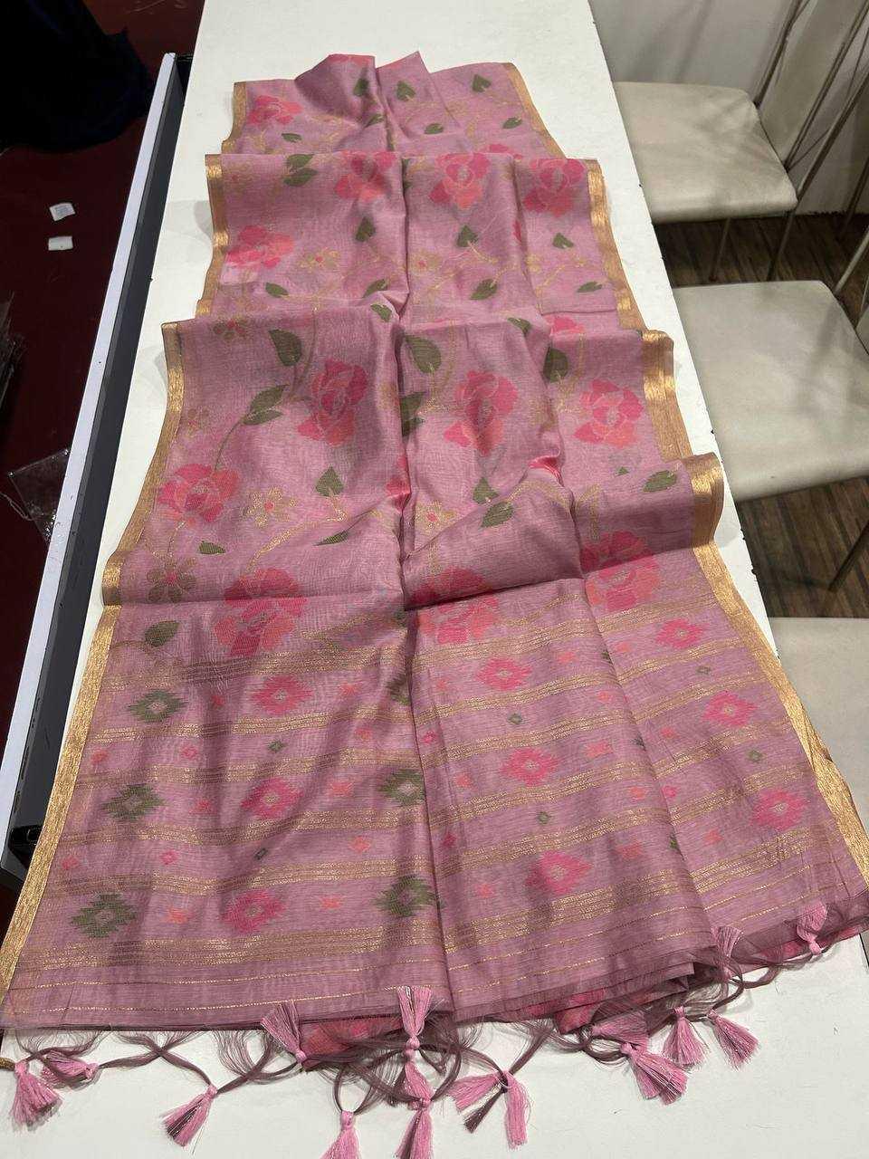 Pink Designer Jamdani Style Cotton Party Wear Saree with Elegant Weave - House of ViDi