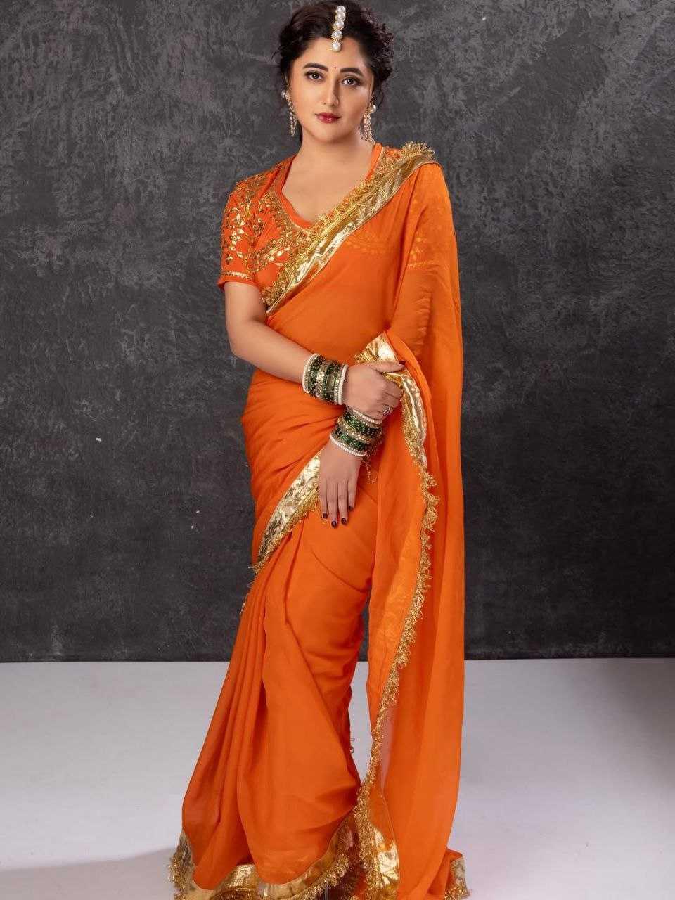 Rashami Desai Inspired Gota Patti Georgette Saree [Orange] - House of ViDi