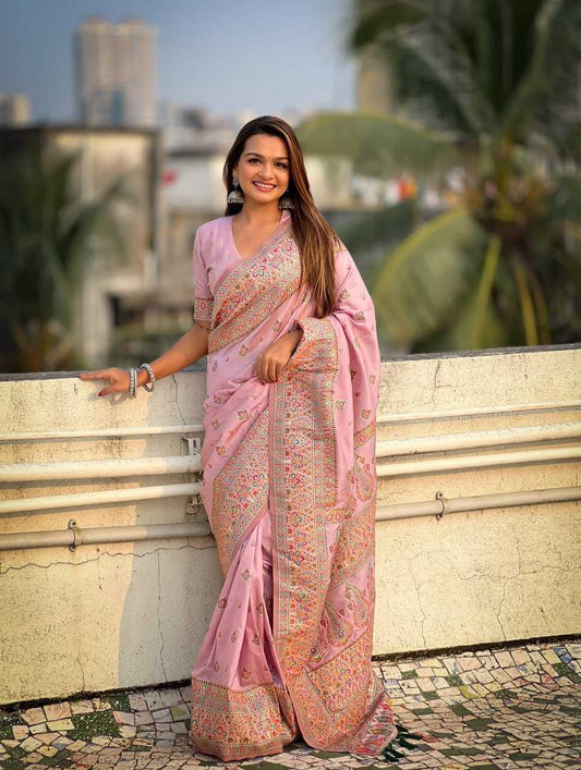 Luxury Pashmina Silk Saree with Golden Zari Work - Traditional Indian Wedding Saree with Unstitched Blouse Piece [Light Pink] - House of ViDi