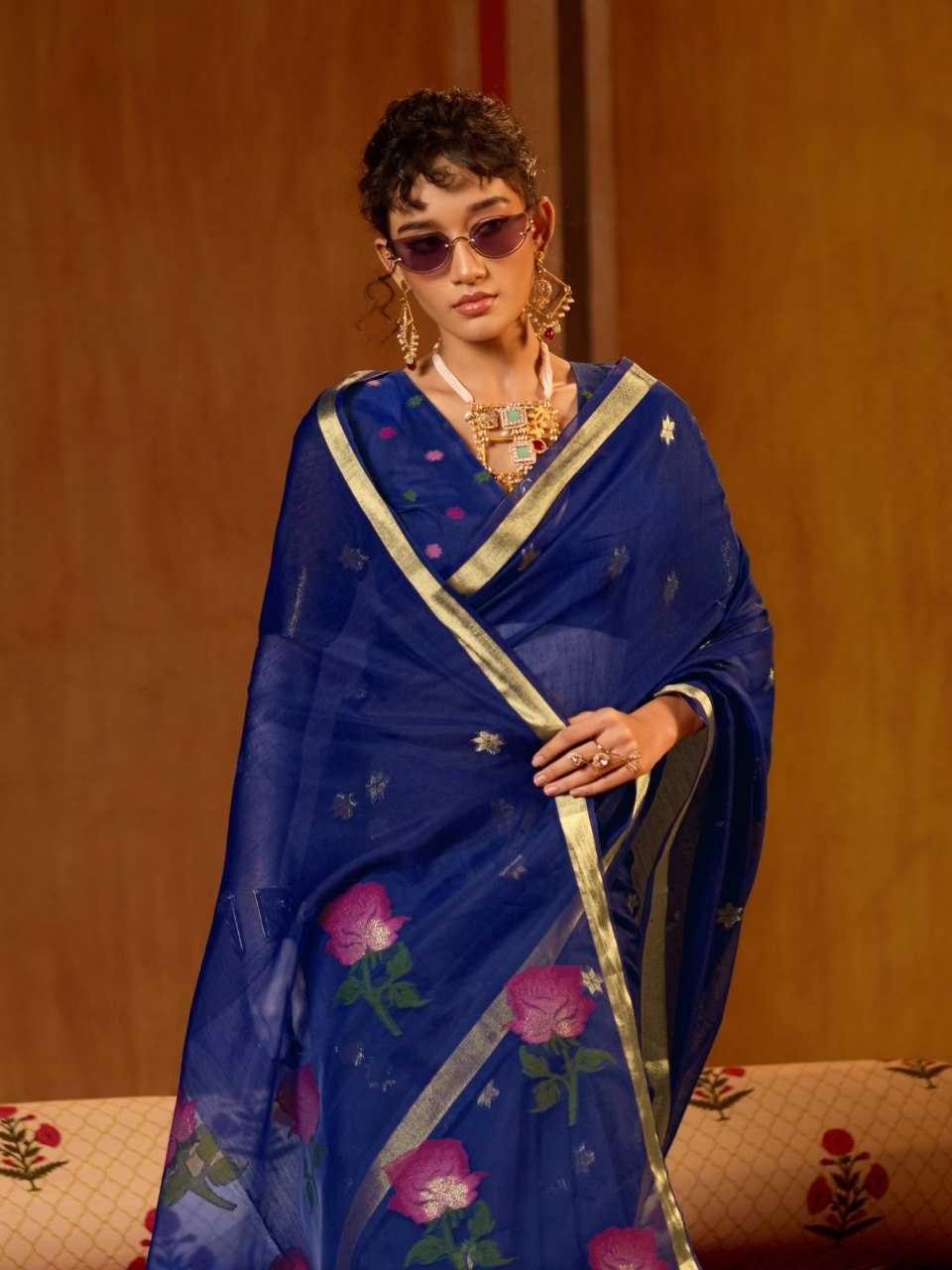 Blue Handloom Silk Saree with Organza Pallu & Woven Design - House of ViDi