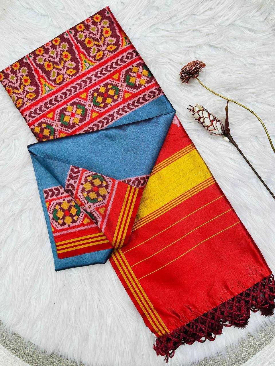Firozi Pure Patola Silk Saree with Double Ikkat Print, Lagadi Pallu & Zari Border | Premium Soft Silk Saree - House of ViDi